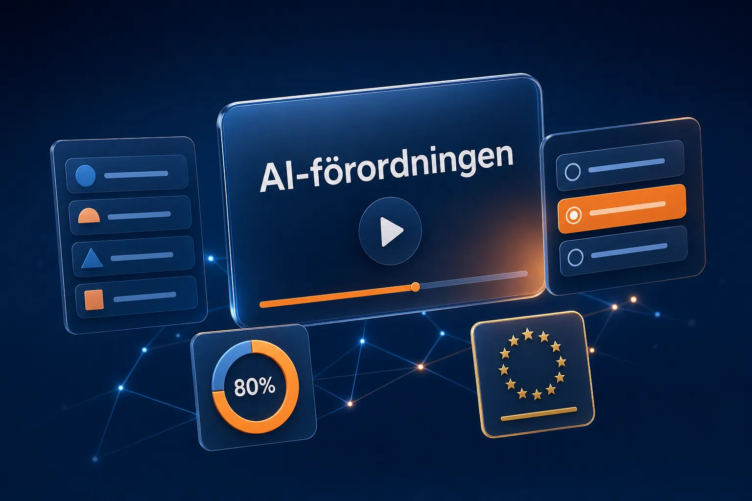 Svävande kursgränssnitt: videospelare med rubriken AI-förordningen, quizkort, kapitellista och progressring.