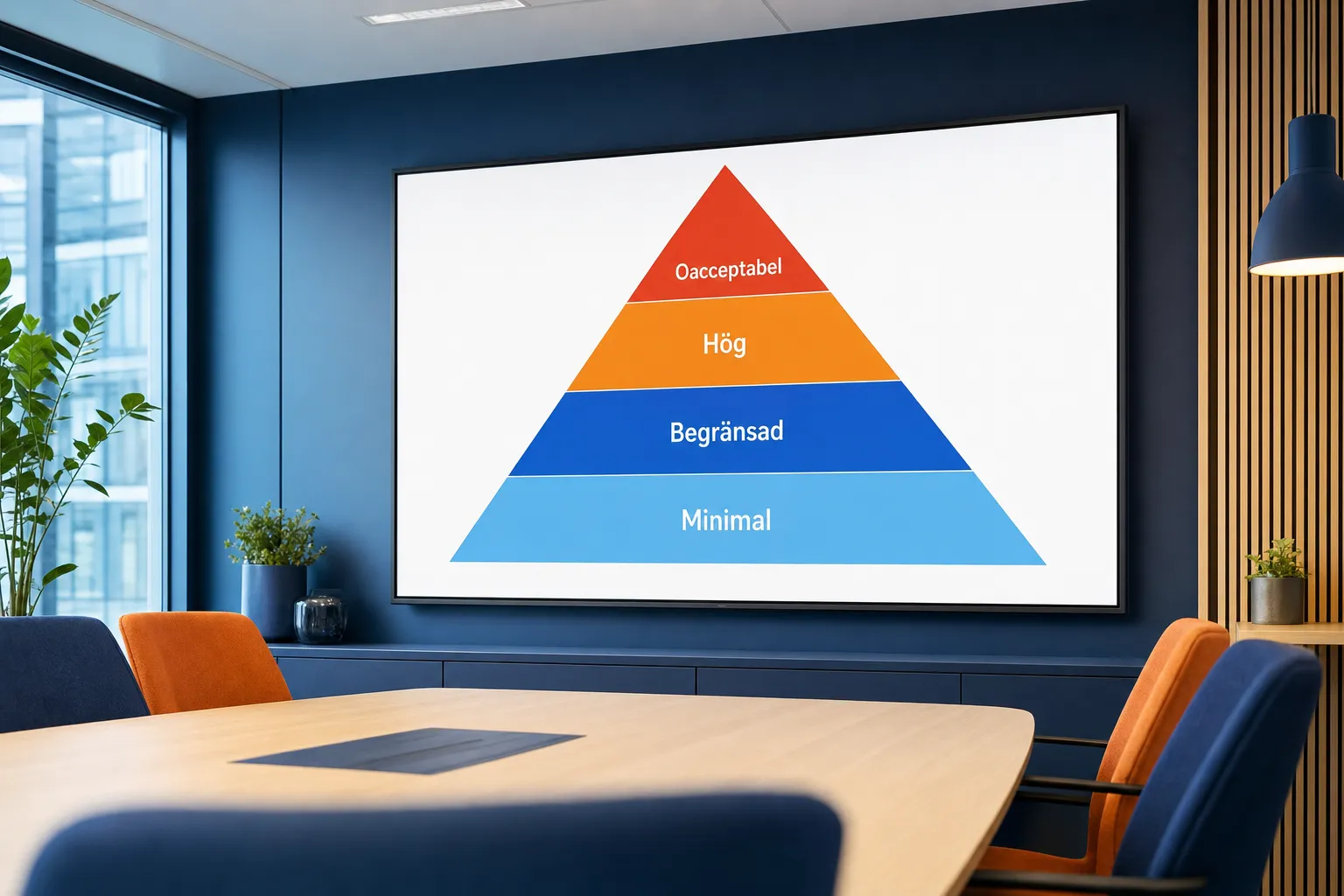 En skärm visar riskpyramiden med nivåerna Oacceptabel, Hög, Begränsad och Minimal.